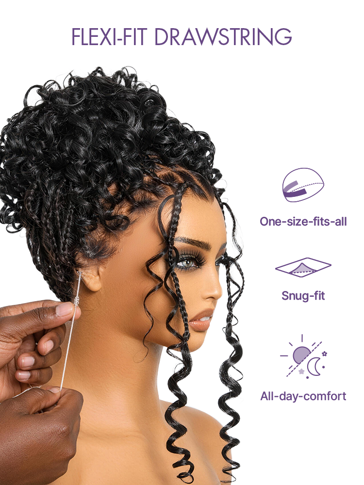HD Full Lace Knotless Boho Curls Braided Bob Pre-Cut Lace Wig Flexi Fit Invisi Drawstring Cap
