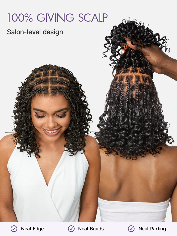 HD Full Lace Knotless Boho Curls Braided Bob Pre-Cut Lace Wig Flexi Fit Invisi Drawstring Cap