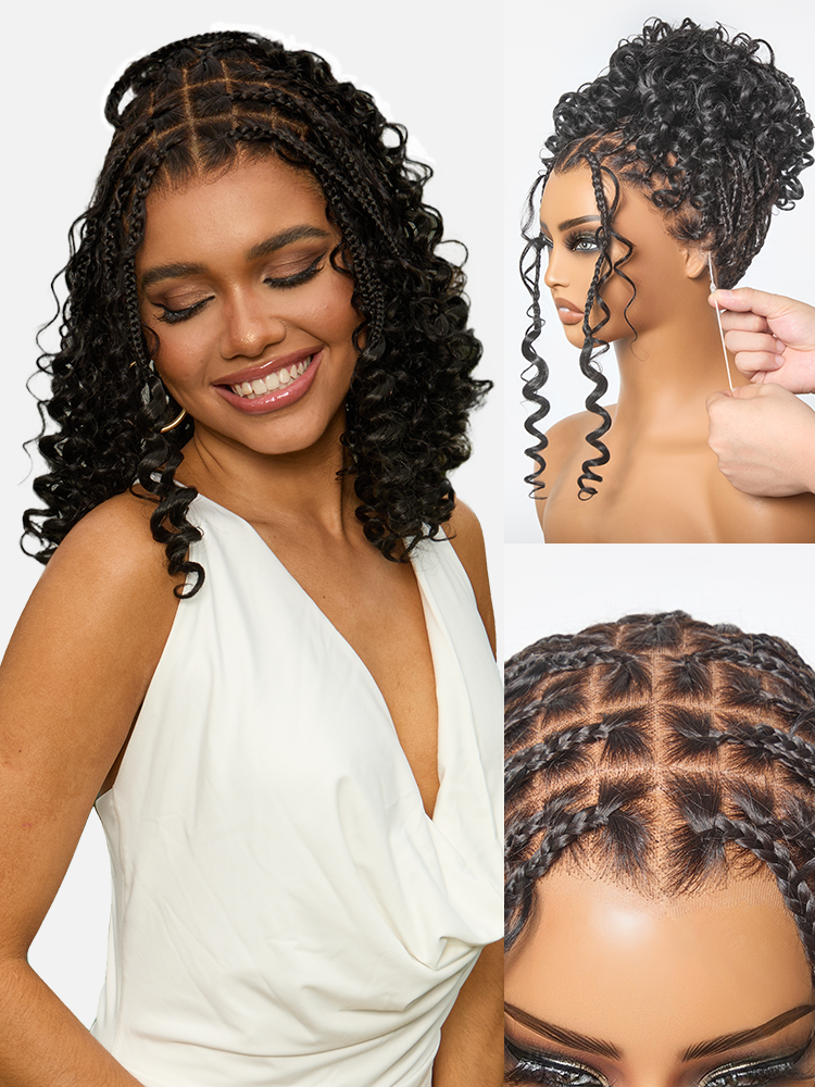 HD Full Lace Knotless Boho Curls Braided Bob Pre-Cut Lace Wig Flexi Fit Invisi Drawstring Cap