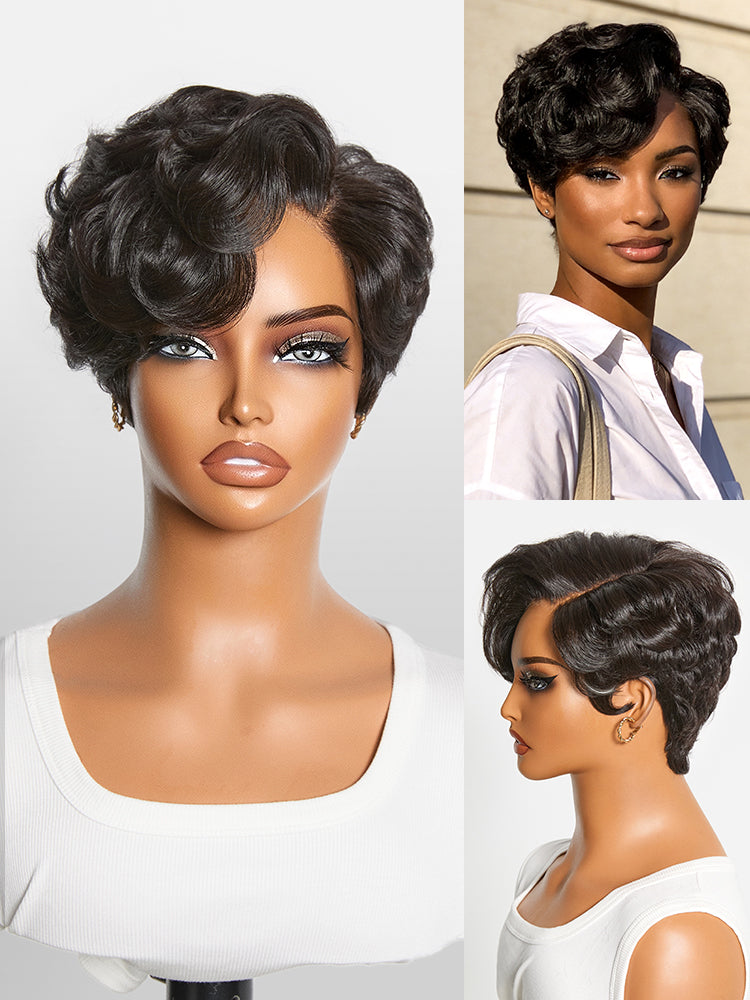 New Customers Only | Beginner Friendly Natural Black Lightweight Roll Curl Glueless Minimalist HD Lace Short Pixie Cut Wig Pre Cut Lace