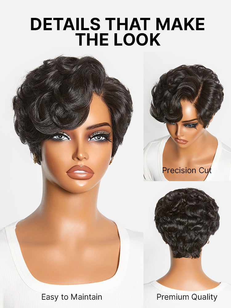 New Customers Only | Beginner Friendly Natural Black Lightweight Roll Curl Glueless Minimalist HD Lace Short Pixie Cut Wig Pre Cut Lace