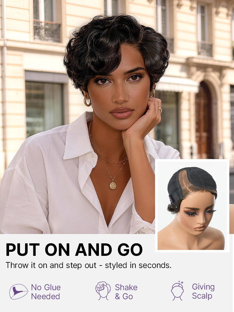 New Customers Only | Beginner Friendly Natural Black Lightweight Roll Curl Glueless Minimalist HD Lace Short Pixie Cut Wig Pre Cut Lace