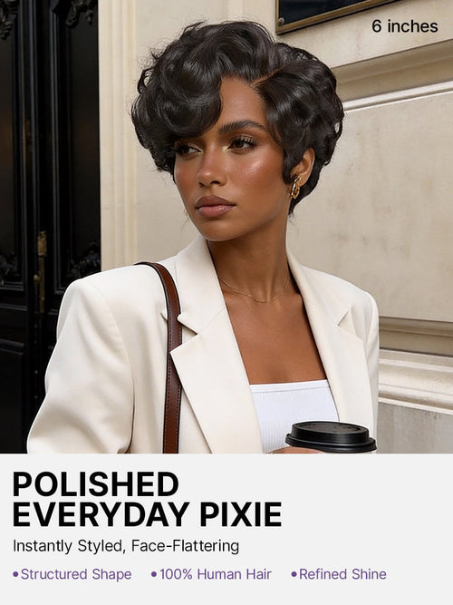 New Customers Only | Beginner Friendly Natural Black Lightweight Roll Curl Glueless Minimalist HD Lace Short Pixie Cut Wig Pre Cut Lace