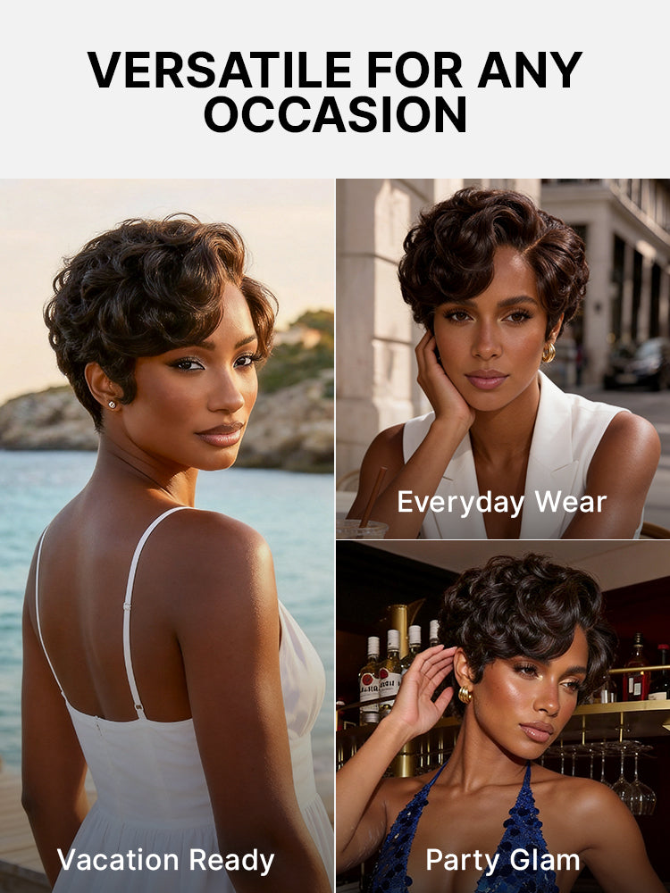 New Customers Only | Beginner Friendly Natural Black Lightweight Roll Curl Glueless Minimalist HD Lace Short Pixie Cut Wig Pre Cut Lace