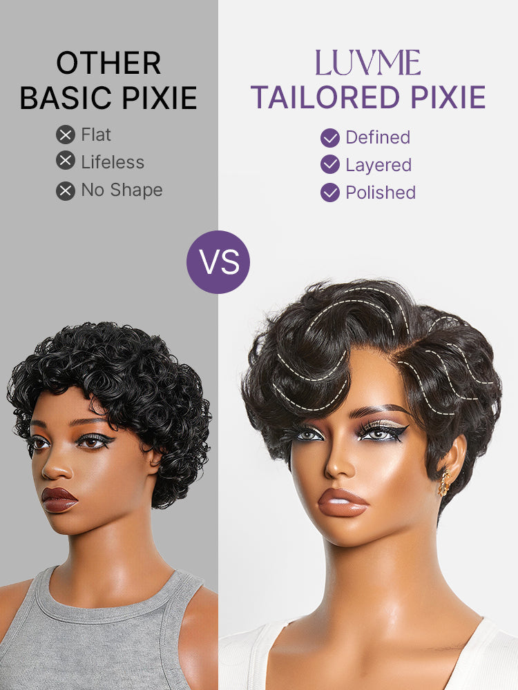 New Customers Only | Beginner Friendly Natural Black Lightweight Roll Curl Glueless Minimalist HD Lace Short Pixie Cut Wig Pre Cut Lace