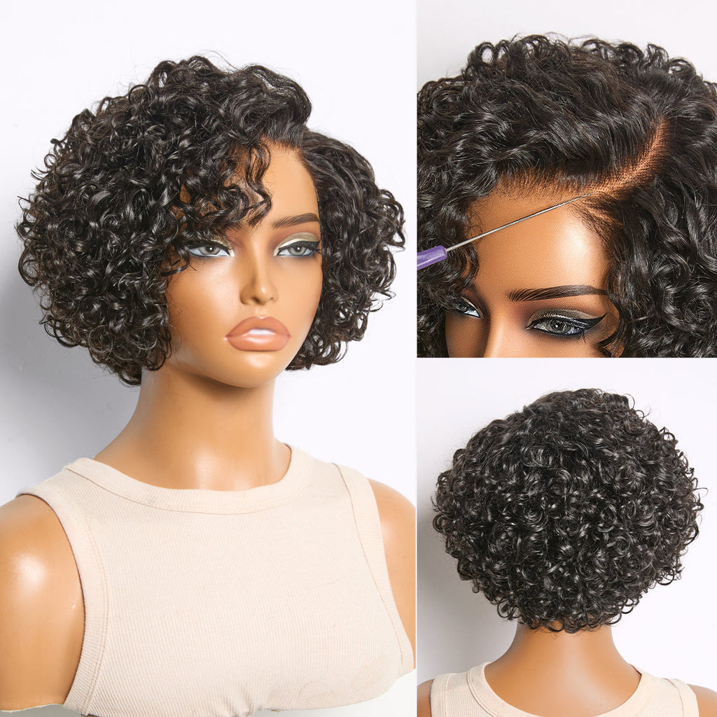 New Customers Only | Beginner Friendly Natural Black Lightweight Roll Curl Glueless Minimalist HD Lace Short Pixie Cut Wig Pre Cut Lace
