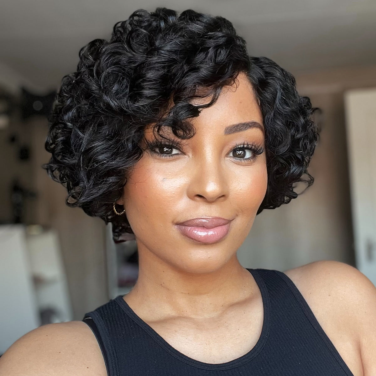 New Customers Only | Beginner Friendly Natural Black Lightweight Roll Curl Glueless Minimalist HD Lace Short Pixie Cut Wig Pre Cut Lace